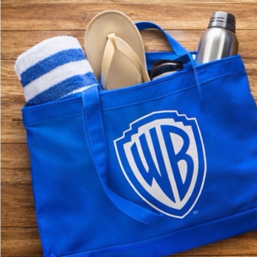 Warner Bros WB Logo Blue Tote Bag Large Gym Beach Travel NWT